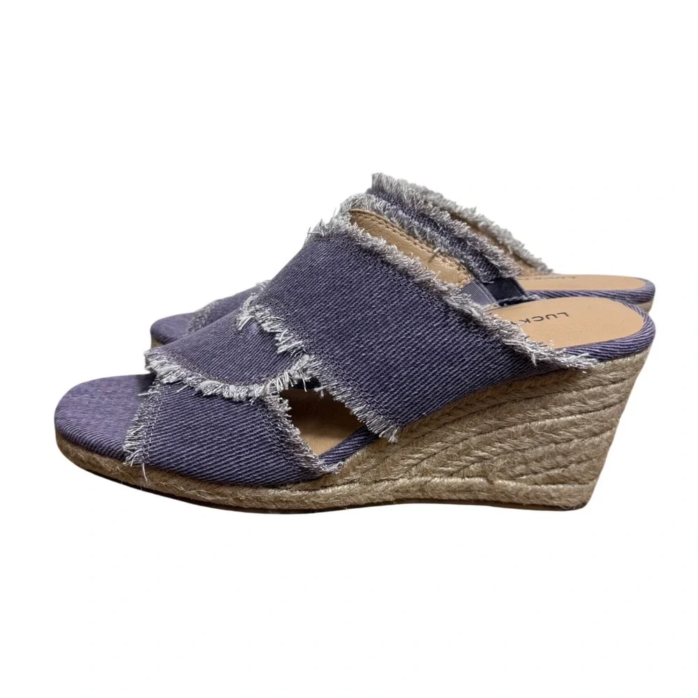 Lucky‎ Brand Purple Denim Frayed Espadrille Wedge Sandals Womens Size 6.5 M